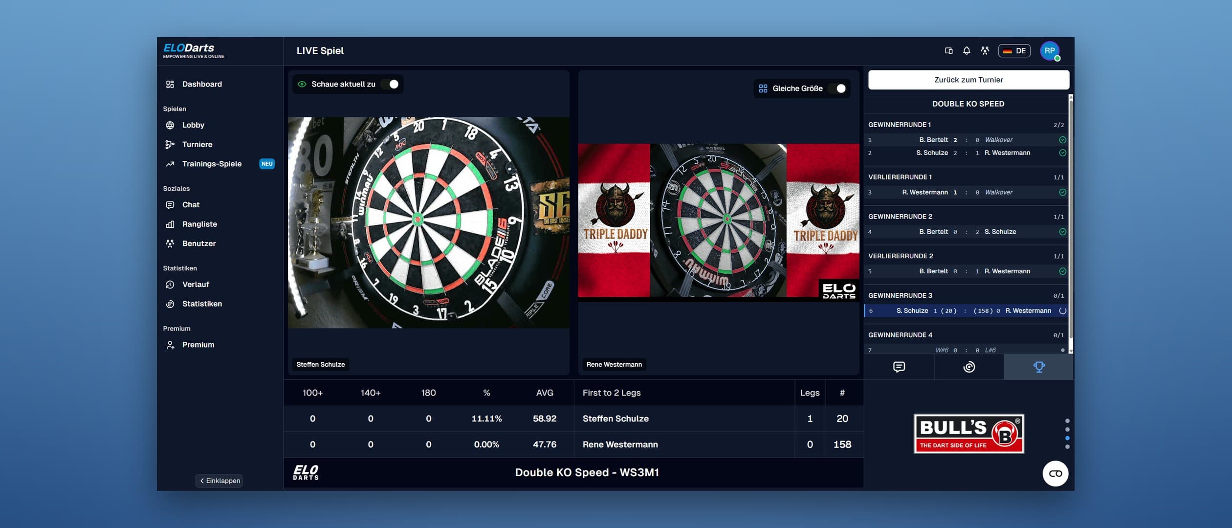 Live-Übertragung mehrerer paralleler Webcam-Matches mit Statistiken und Turnier-Bracket